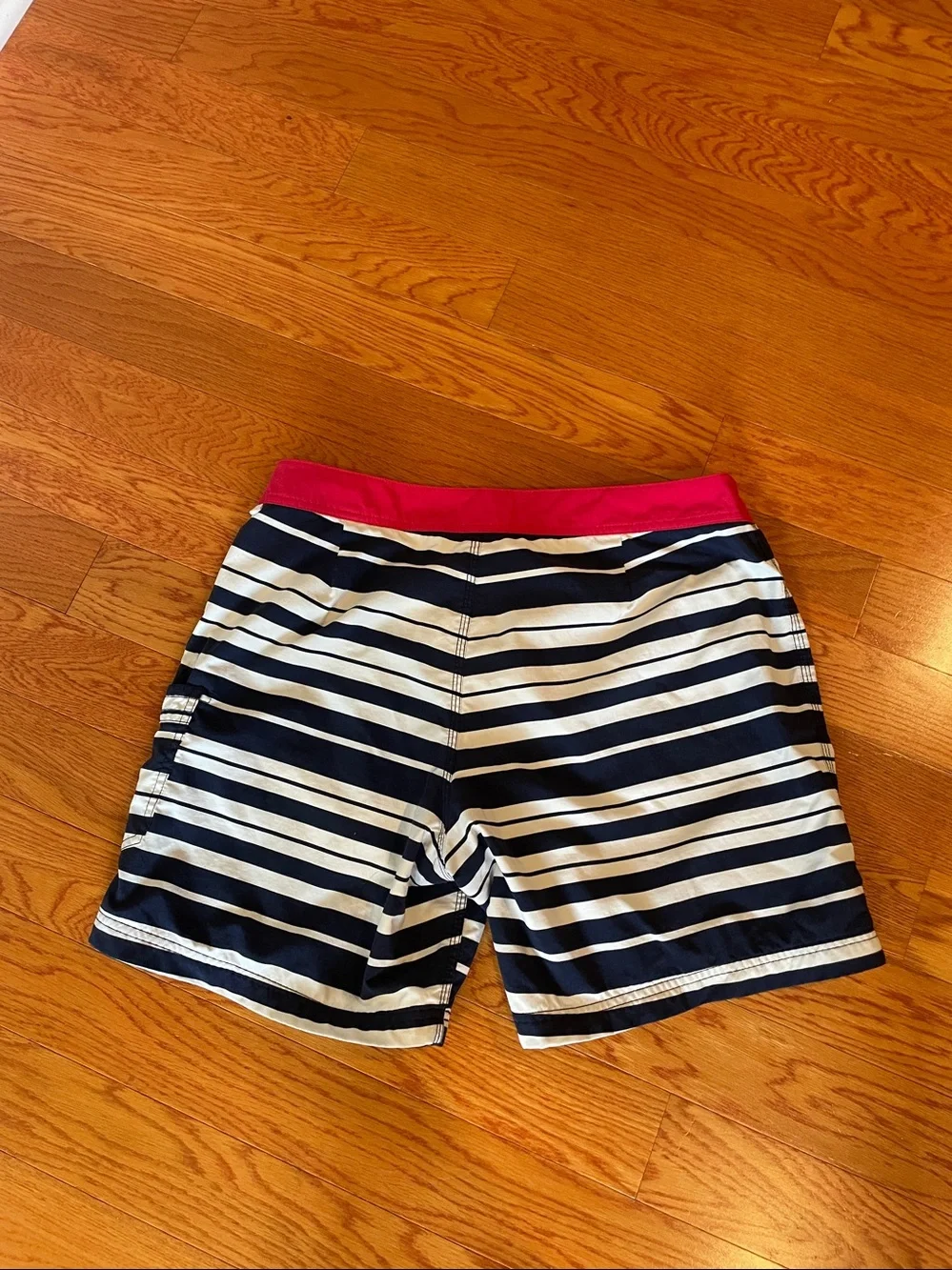 J. Crew Navy and White Striped Swim Trunks with‎ Red Waistband